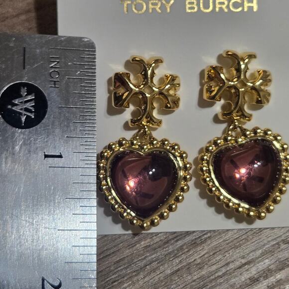 NEW Tory Burch Roxanne Heart Drop Earrings Logo Purple Burgundy Statement - Picture 4 of 5